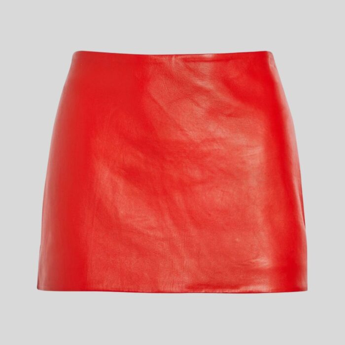 Another front view of the captivating-red leather mini skirt