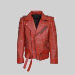 Another front view of the striking-red leather studded jacket