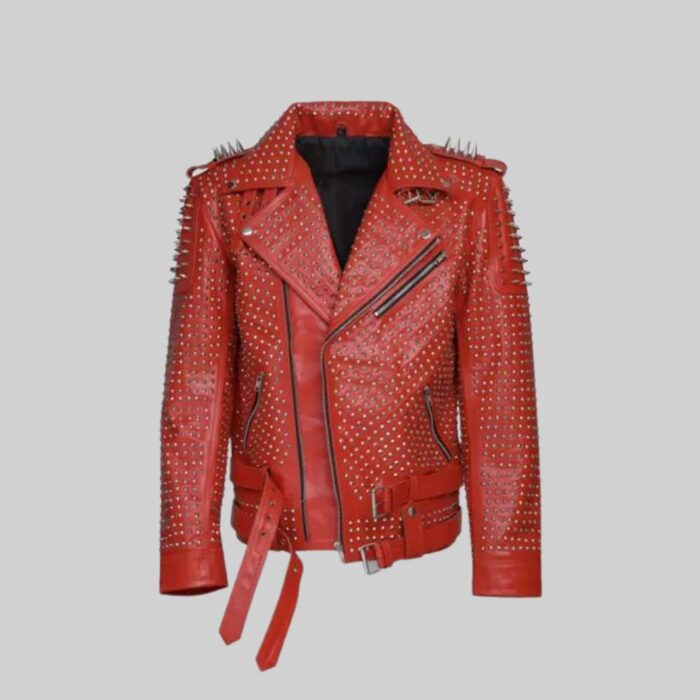 Another front view of the striking-red leather studded jacket