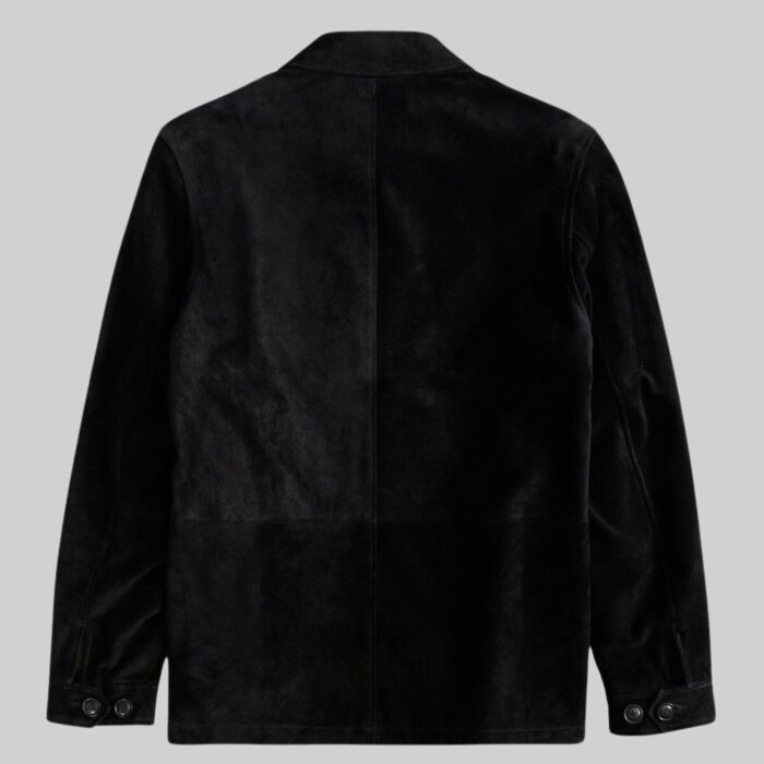 Back view-highlighting the elegant design of the black suede coat for men