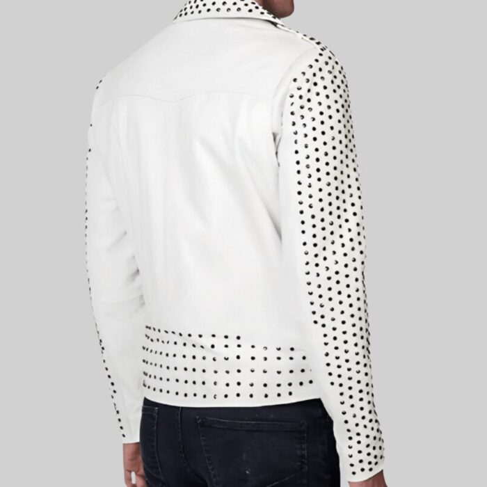 Back view of a glamorous-white studded leather jacket