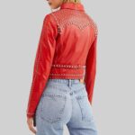 Back view of the bold-red studded leather jacket