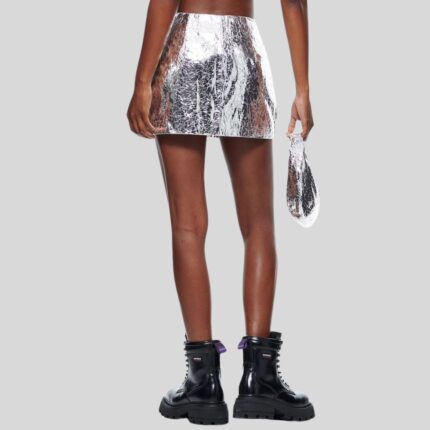 Back view of the elegant-silver metallic leather skirt