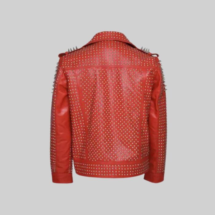 Back view of the stunning-red leather studded jacket