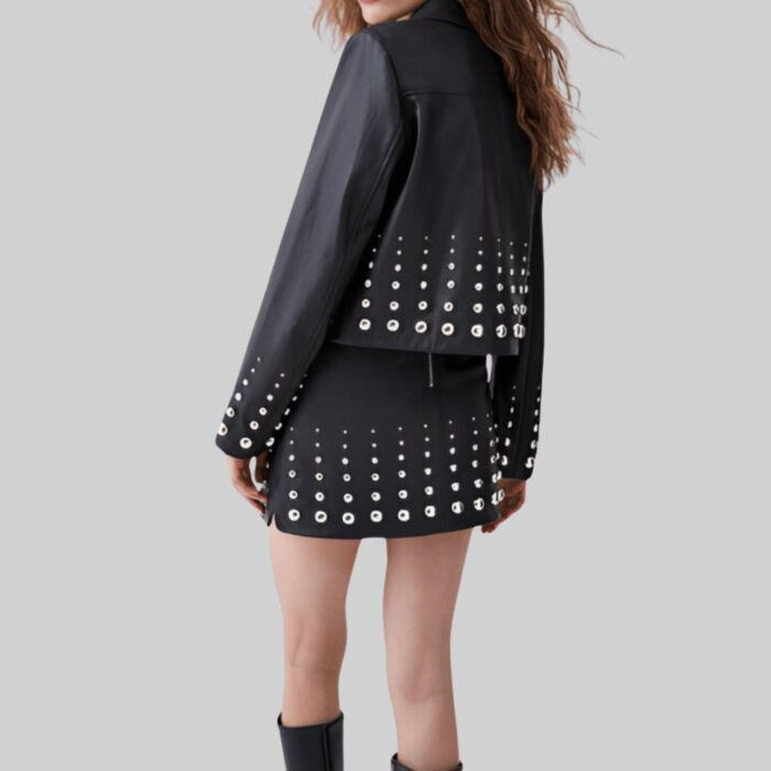 Back view of the stylish-black studded leather jacket for women's