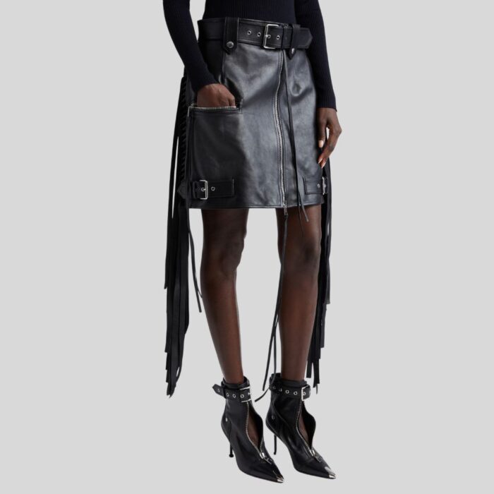 Black leather fringe skirt-front view, showcasing dynamic fringe design