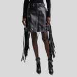 Black leather fringe skirt-front view with swaying fringes