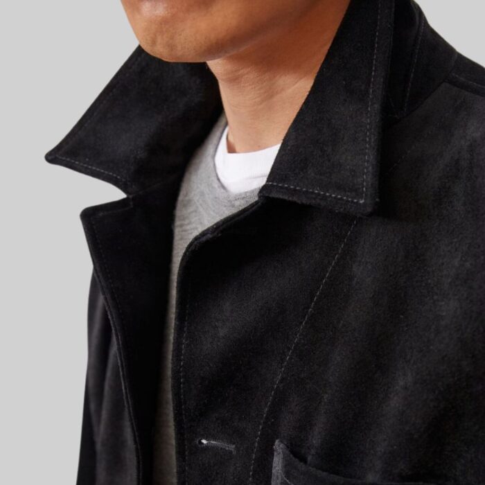 Close-up of the intricate collar detail of the-black suede coat for men