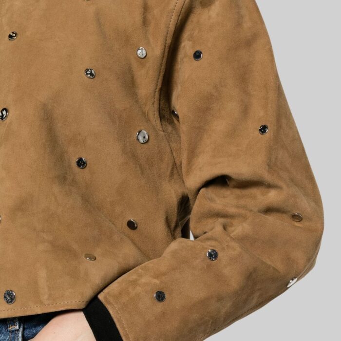 Closeup of the intricate-studs on the suede jacket