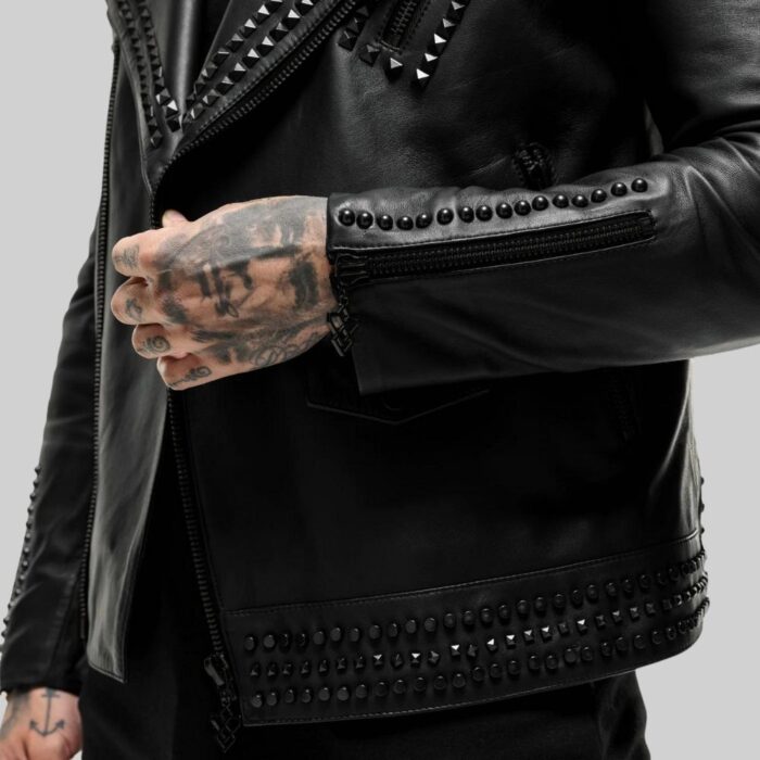 Closeup of the sleeve detailing on the-leather biker jacket