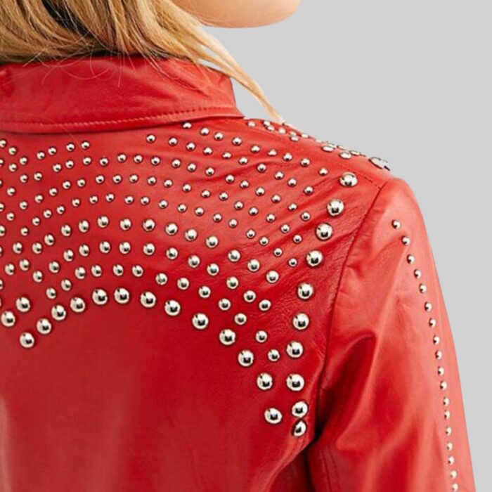 Closeup-of the stud details on the back of the red leather jacket