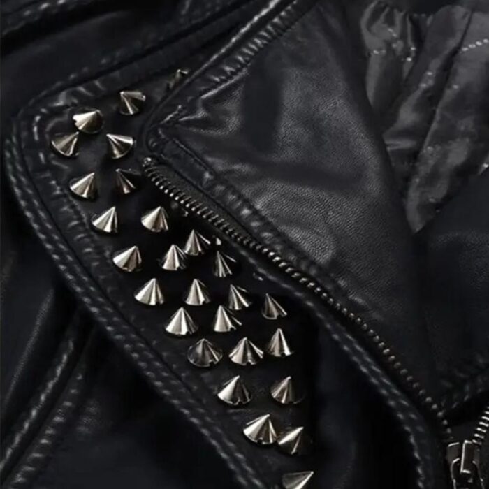 Closeup view-of the intricate studs on the punk leather jacket