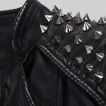 Closeup view-of the unique zipper details on the punk leather jacket