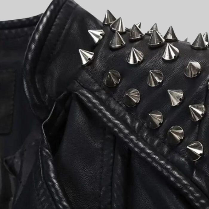 Closeup view-of the unique zipper details on the punk leather jacket