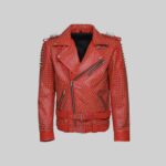 Front view of a bold-red leather studded jacket