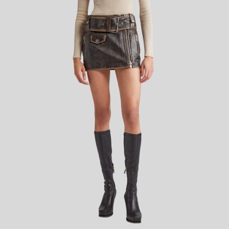 Front view of a chic-brown leather mini skirt