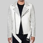 Front view of a chic-white studded leather jacket