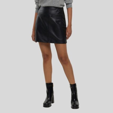 Front view of a sleek-black leather mini skirt