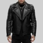 Front view of a sleek-black leather studded jacket