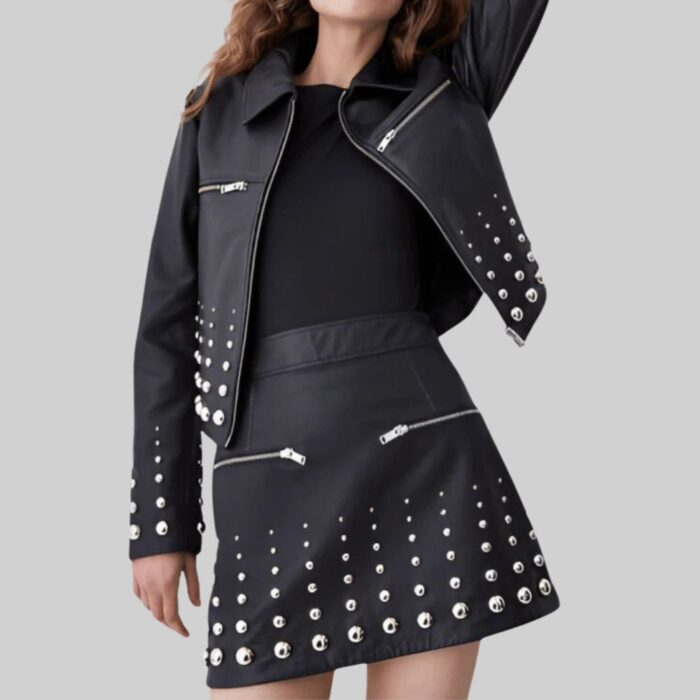 Front view of a sleek-black studded leather jacket for women's