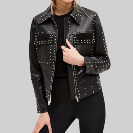 Front view of a sleek-leather jacket adorned with studs