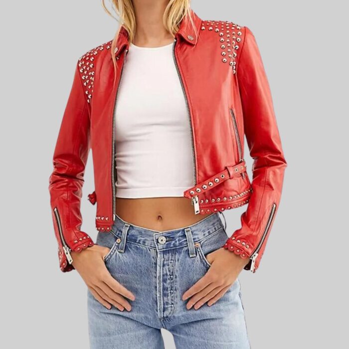 Front view of a striking-red studded leather jacket