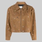 Front view of a stylish-studded suede jacket for women