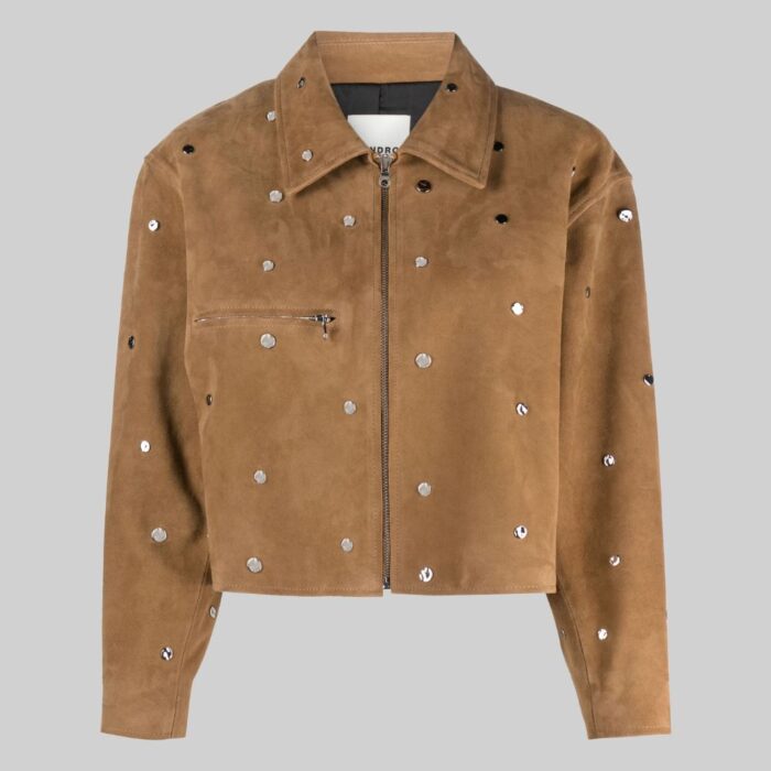 Front view of a stylish-studded suede jacket for women