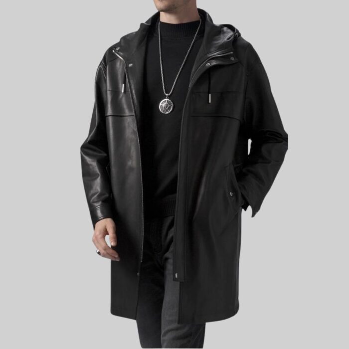 Hooded leather trench coat-front view 1