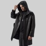 Hooded leather trench coat-front view 2