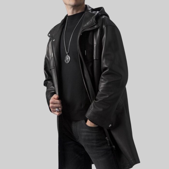 Hooded leather trench coat-side view