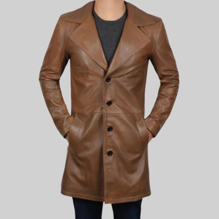 Front view of a distinguished men's leather trench coat