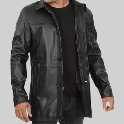 Side view-of a stylish black leather coat for men