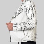 Side view of a stylish-white studded leather jacket