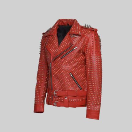 Side view of the chic-red leather studded jacket