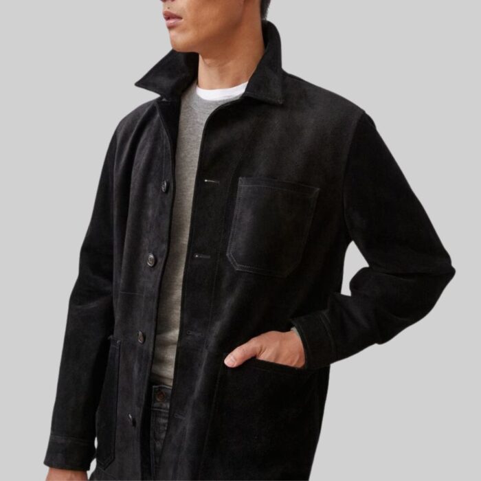 Side view-showcasing the sleek silhouette of the black suede coat for men