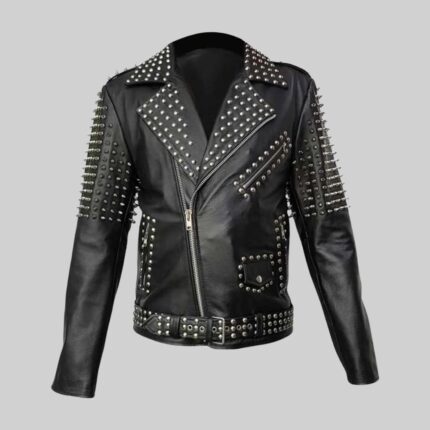 Front view of a sleek-black studded leather jacket