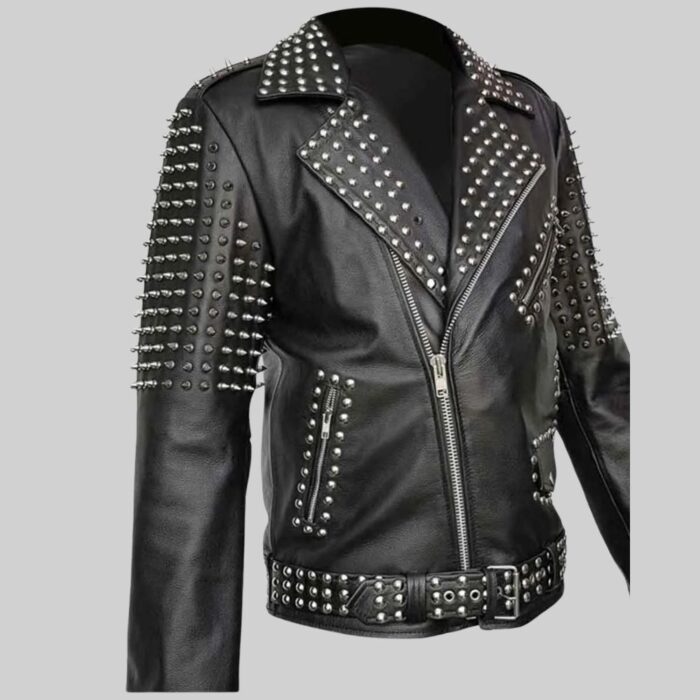 Side view of a stylish-black studded leather jacket