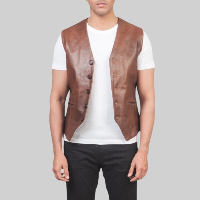 Alternate front view-of a men's brown leather vest