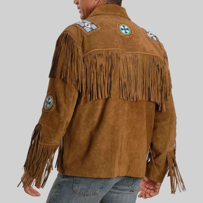 Back view-of a handsome suede fringe jacket for men