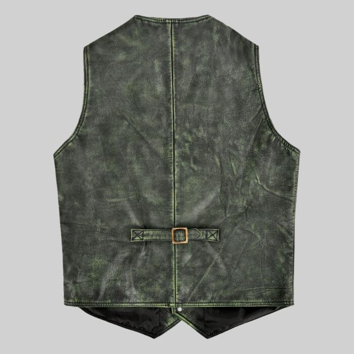 Back view-of a men's distressed leather vest