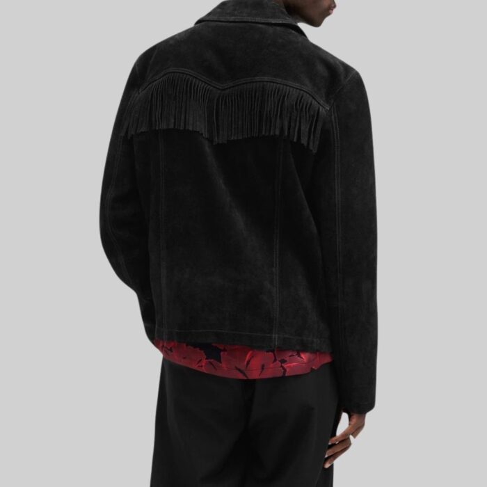 Back view-of a rugged mens suede fringe jacket