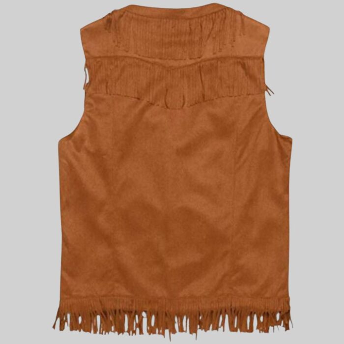 Back view-of a suede vest with fringe