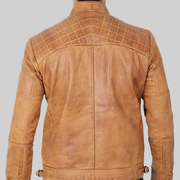 Back view of-mens tan leather jacket