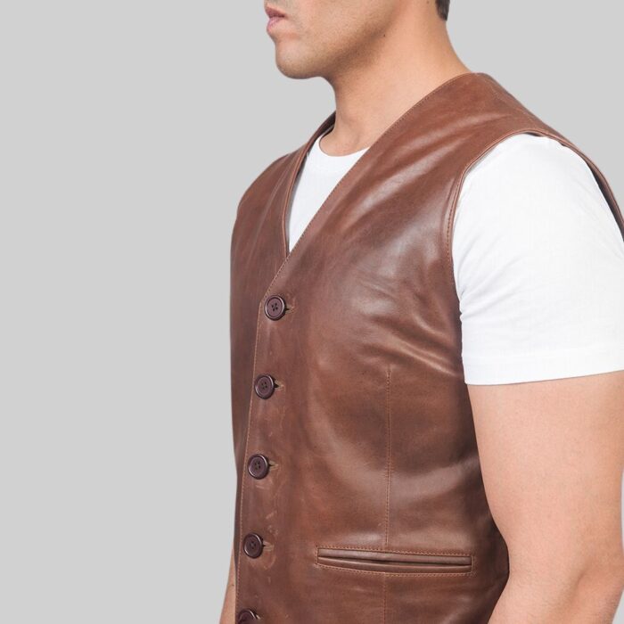 Closeup of side-detailing on a brown leather vest for men