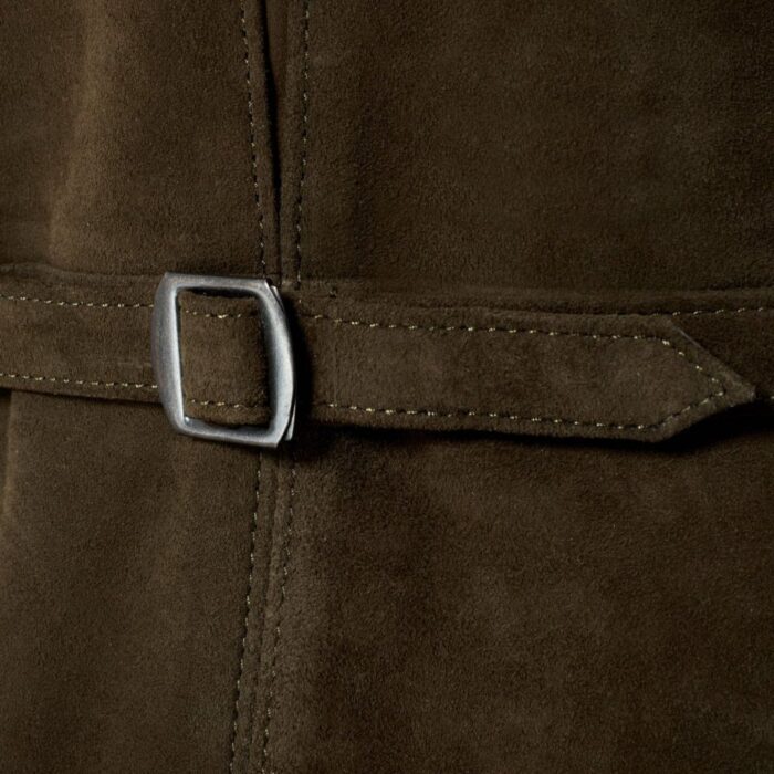 Closeup of the belt-on goatskin suede vest