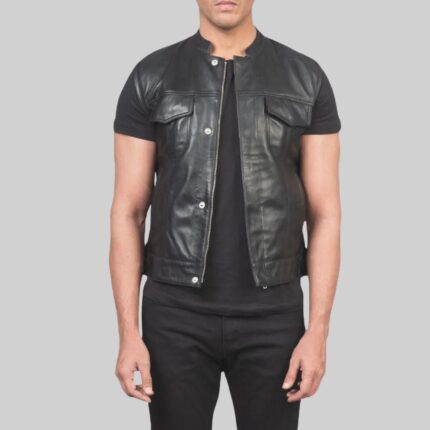 Front view 1-of a black leather vest for men