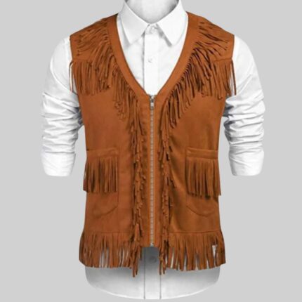 Front view 1-of a suede vest with fringe