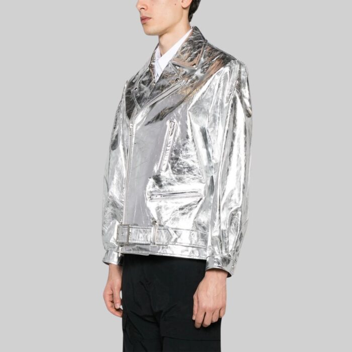 Front view of a-dazzling metallic leather jacket