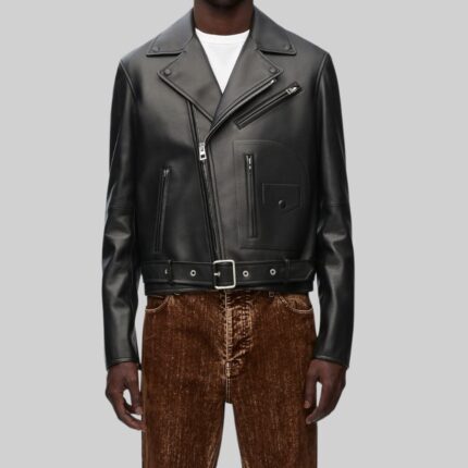 Front view of a rugged-mens leather biker jacket